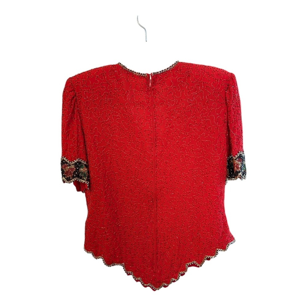 Vintage Laurence Kazar Red Beaded V Neck Short Sleeve Top XL - Picture 3 of 5